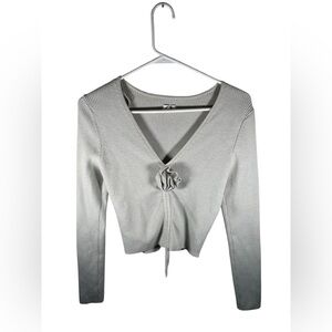 Aerie Gray Ribbed Knit Long Sleeve Sweater Crop Ruched Flower